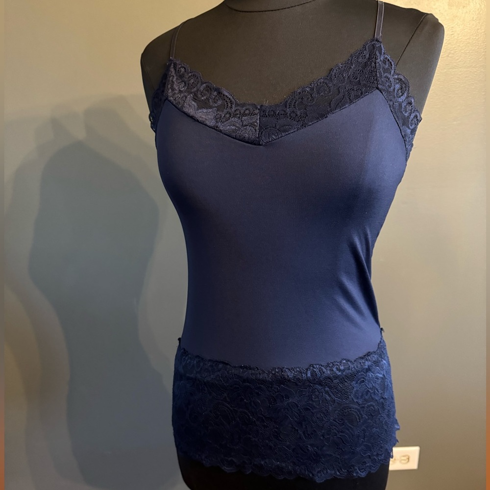 Navy Tank Top with Extra Long Lace Detailed Hem WHBM